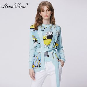 Moda de primavera, Tops tejidos de manga larga para mujer, cárdigans con cordones y estampado elegante, suéter de lana de retazos de seda, abrigo 210524
