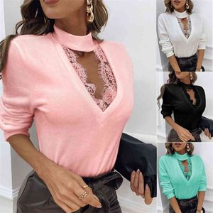 Lente mode lange mouw kant stiksels holle v-hals dames top effen kleur slanke vrouw blouse roze zwarte trui blusas 210517