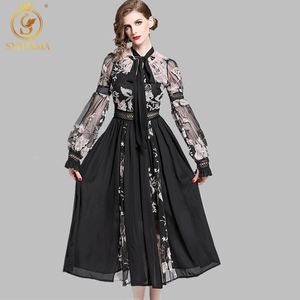 Lente mode luxe ontwerpbaan zwarte lantaarn mouw jurk dames lange veren bloem borduurwerk jurken 210520