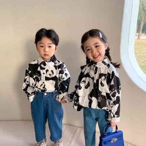 Lente mode panda afdrukken met lange mouwen shirts voor jongens en meisjes 2021 Casual broer en zus kleding tops 210331