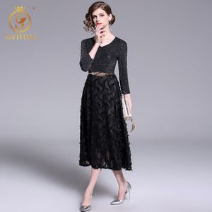 Lente Mode Runway Vintage Zwarte Jurken Dames Sexy V-hals Pailletten Patchwork Dress Vestidos Gratis Belt 210520