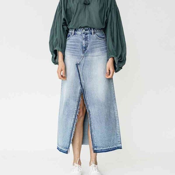 Printemps Mode Slit Jean Jupes pour Femmes Tempérament Taille Haute Denim Faldas Mujer Moda Tout Match Longue Feminino Jupe 210514