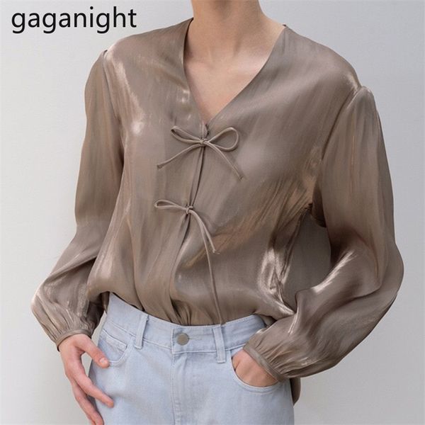 Spring Fashion Femmes Lacets Longue manches Satin Blouse Vintage Femme V Couleur Cold Shirts Elegant IMitation Silk 210601