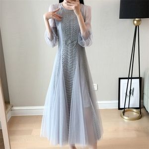 Lente mode vrouwen kantoor dame mesh o-hals a-lijn jurk vrouwelijke elegante hoge taille casual midi lange vestidos 210519