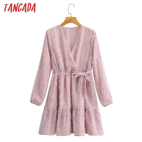 Primavera moda mujer rosa borla gasa cuello en V arco manga larga Oficina señoras Mini vestido con barra 1F04 210416