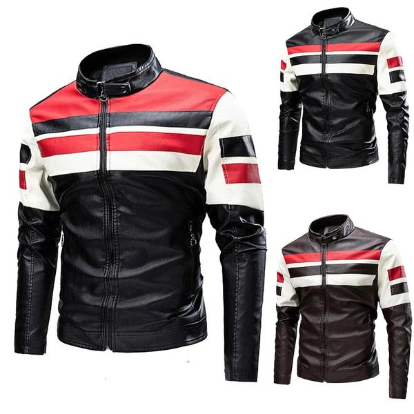 Spring Fashion Zipper Mens Motorcycle Pu Leather Veste Casual Patchwork Wind Biker Blazer Blazer Winter Veste Men 240428