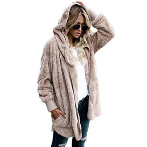 Abrigos cálidos de invierno de piel sintética de primavera en ambos lados, chaqueta para mujer, abrigo con capucha de punto abierto para mujer, chaqueta de manga larga para mujer de talla grande 210416