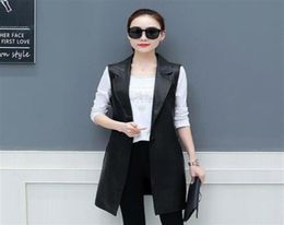 Spring Faux Leather Blazer chaleco para mujeres Long Slim Fit Wistcoat PS Size 3xl PU Cacha sin mangas