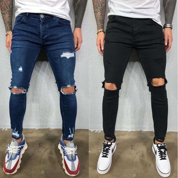 La fête du printemps ne se ferme pas, jeans à jambes élastiques en détresse pour hommes de haute qualité avec de nouveaux styles déchirés