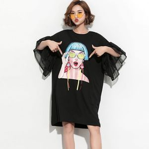 Spring Flare Mouw Mesh Cartoon Mode Vrouwen Robe Koreaanse O-hals Grote maat Casual Tassel T-shirt Stijl Jurk 210510