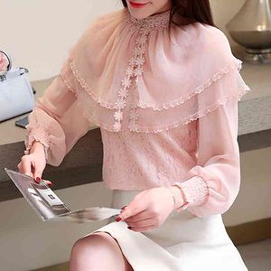 Lente bloem Floral Blouse Shirt Kant Stitching Chiffon Shirt Lange Mouwen Wit Roze Blouse Dames Tops 858E 210420