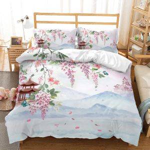 Fleurs de printemps King Queen couette couverture de couette rose Sakura Ensemble de literie Girls Cherry Blossoms Couvercle de couette en polyester floral Cover