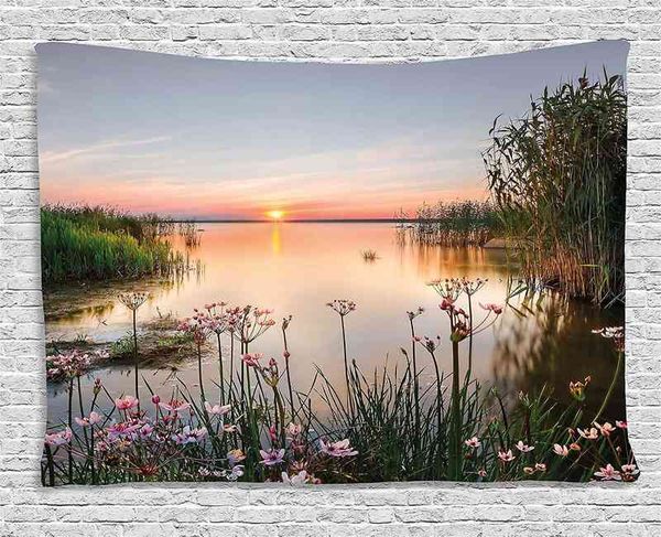 Printemps Fleurs Paysage Photo Estonie Lac Nature Tapisserie Coucher De Soleil Tenture Chambre Salon Tapiz J220804