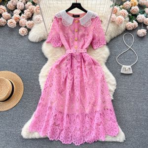 Lente voor 2023 Franse mode poppen kraag korte mouwen Korte mouwen Lace Crochet A-lijn jurk vrouwen nieuwe dunne feestkleding elegant vestidos de fiesta