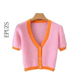 Spring Fore Pink Citroenen bijgesneden cardigan vrouwen gewas trui Koreaanse straatkleding V-hals Dames Sweet 210521