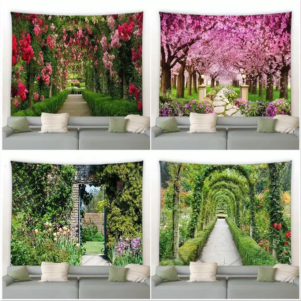 Printemps forêt tapisserie florale fleurs rurales rose rouge jardin tenture murale décor paysage naturel maison salon tapisseries tapis 240111