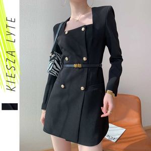 Spring français Hepburn Style Noir Mini-robe de bureau Dame Dame Double Blazer Notched Blazer Robes Femmes Vêtements 210608