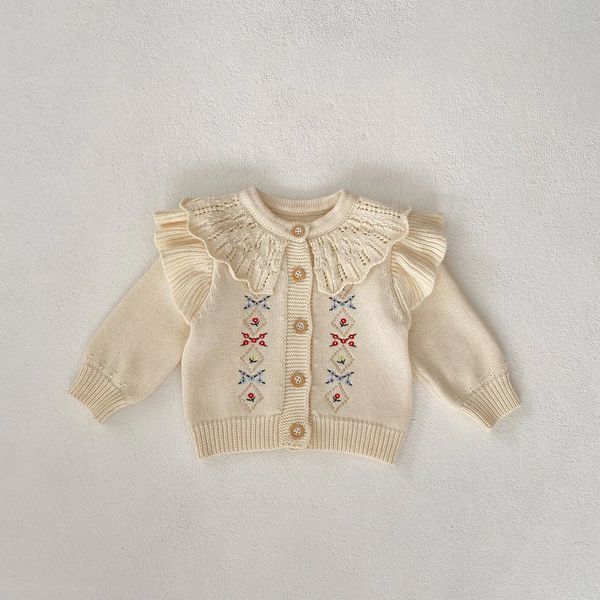 Spring Girl Baby Lotus Collar Fly Mangas Bordado Flor Suéter Niño Infantil Algodón Cardigan Tops Kid Moda Chaquetas 240301