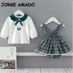 Lente Meisjes 2-PCs Sets Lange Mouwen Bow Peter Pan Collar Top + Groene Plaid Jurk Leuke Stijl Kinderkleding E9156 210610