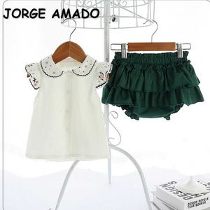 Lente Meisjes 2-PCs Sets Mouwloze Peter Pan Collar White Top + Green Solid Color Shorts Kinderkleding E9212 210610