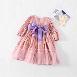 Lente meisjes grote strik feestjurk mode verjaardag mesh patchwork prinses formele jurken 210508