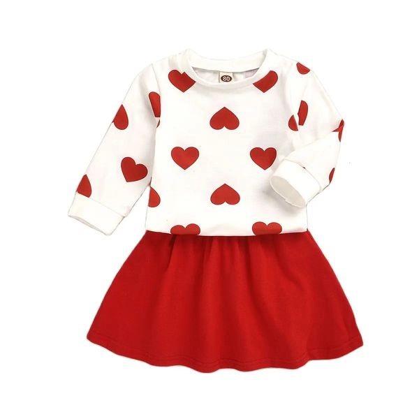 Conjuntos de ropa para niñas de primavera, camisetas con estampado de amor de manga larga, falda, 2 uds., traje de ropa, trajes infantiles de vacaciones para niños, ropa para niñas 240202