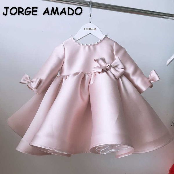 Vestido de niñas de primavera Rosa Manga larga Satin Bow Party Hoster Piano Competencia Vestidos de niña de flores para bodas E1030 210610