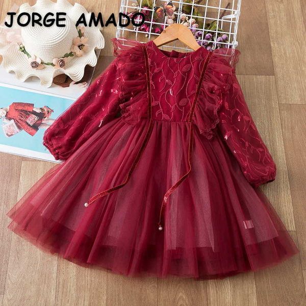 Primavera niñas vestido de fiesta de encaje de manga larga de color sólido niña vestidos de pastel para bodas niños ropa de niños E2181 210610