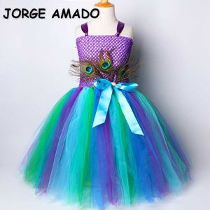 Spring Girls Party Dress Peacock veren Pak Sling Cake Jurken voor Dance Performance Kleding E0131 210610