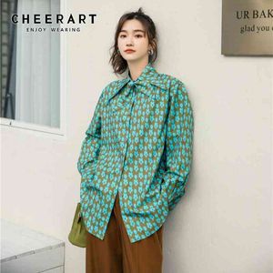 Spring Green Floral Print Lange mouw oversized Shirt Dames Button Up Bow Neck Koreaanse mode-tops en blouses 210427
