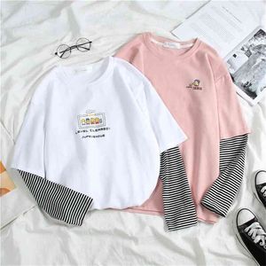 Lente Harajuku Lange Mouw T-shirt Dames Heup-Hop Streetwear Tees Koreaanse Streep Cartoon [Rint T-shirts Meisjes Roze Witte Top 210623