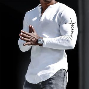 Lente Henley Shirts Jezus Christus Kruis 3D Print Streetwear Heren Vintage ButtonDown Lange Mouw T-shirt Man Tees Tops Kleding 240219