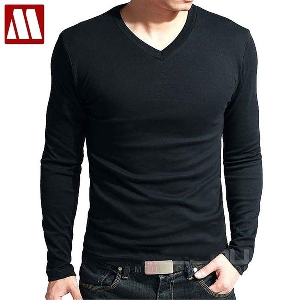 T-shirts de coton à haute élasticité printemps Col V mâle T-shirt T-shirt à manches longues pour hommes Tshirt Asie Taille S-5XL 210707