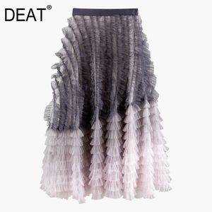 Printemps haute taille élastique dégradé couleur grande jupe swing femmes vintage maille lâche robe de bal PD710 210421