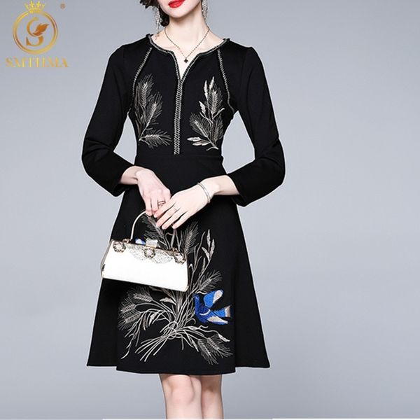 Printemps haut de gamme Designer piste élégante robe de soirée femmes à manches longues brodé Vintage noir Vestidos 210520