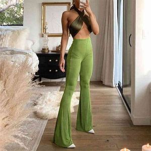 Printemps taille haute pantalon évasé femmes mode stretch vert mince long pantalon streetwear décontracté femme pantalon 210422