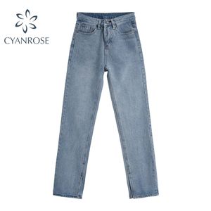 Lente hoge taille jean blauwe chique potlood broek zoom gespleten losse retro ontspanning straat rechte overgronden broek 210809