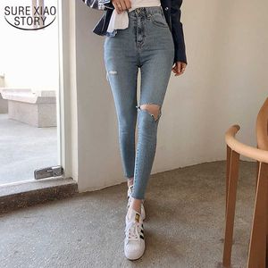 Lente hoge taille stretch jeans dameskleding zomer blauwe denim jeans vrouwelijke eenvoudige gescheurde gaten skinny casual broek 210527