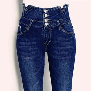 Spring High Taille Skinny Jeans voor Dames Plus Size Vierbreasted Slanke Elastische Casual Denim Potlood Broek Broek 210514
