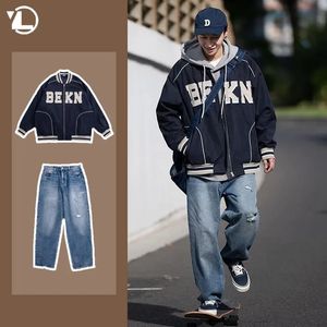 Spring Hip Hop Men Two Piece Japanese High Street Set Letter Imprimé Baseball Jerseyharajuku Fashion Jeans Suit masculin 240415