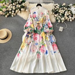 Spring Holiday Tulip Floral Maxi Robe Femmes Elegant Stand Collar Single Pignon Lantern Sleeve Belt Prom Robe Vêtements Vestidos 240426