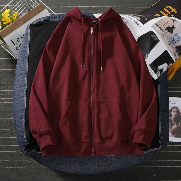 Cárdigan con capucha de primavera, sudadera con capucha de gran tamaño, cremallera de marca de moda de estilo americano, chaqueta de hombre rojo vino, fina