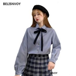 Lente Japanse preppy stijl vrouwen blouse elegante corduroy boog blusas schattig shirt kawaii zoete mori meisje los 210520