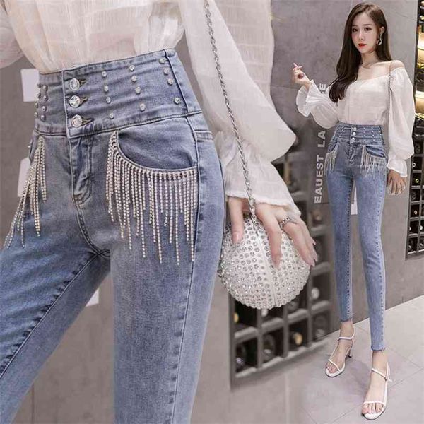 Printemps Jeans Femmes Taille Haute Stretch Hanche Slim Fit Skinny Pieds Neuf Points Crayon Pantalon Denim Pantalon 210520