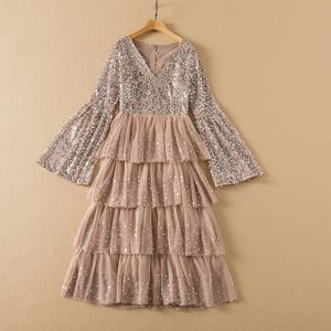 Printemps kaki tulle paillettes robe à volants manches évasées col en V midi robes décontractées S2N221459 grande taille XXL