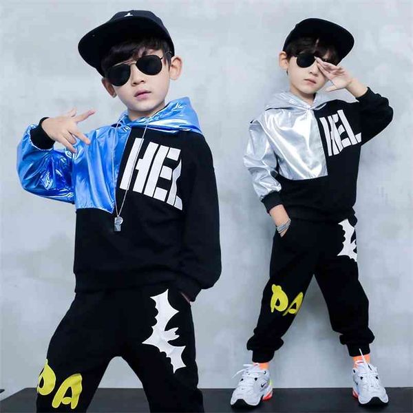 Printemps Enfants Vêtements Ensemble Mode Big Boys Sport Costume Patchwork Manteaux à capuche et pantalons Deux pièces Automne Sweats à capuche 12Y 210622