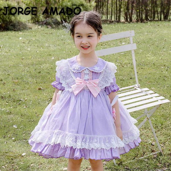 Primavera niños niña vestido de encaje arco púrpura mangas cortas de soplo princesa vestidos de boda piano realizar ropa de fiesta E1002 210610