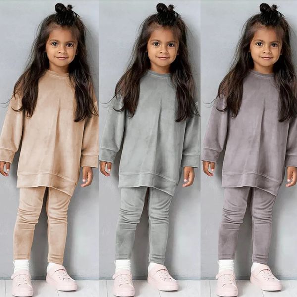 Printemps enfants fille velours costume à manches longues pantalons vêtements solides pour bébé enfant en bas âge garçon pull sweat-shirt ensemble tenues adolescentes 240110