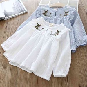 Primavera niños niñas ropa moda bordado flor niñas camisas manga larga drapeado tops niña ropa niños blanco top camisa 210713