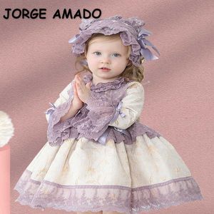 Printemps Enfants Filles Robe Dentelle Manches Princesse avec Handwear Lolita Style Vêtements E056 210610